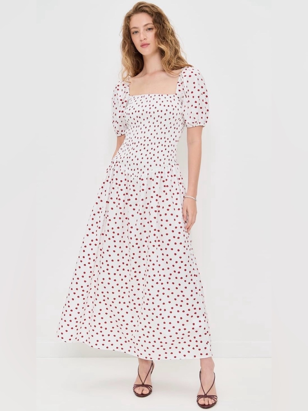 o.p.t. White Maxi Dress with Red Tomatoes, Square Neck, and Puff Sleeve